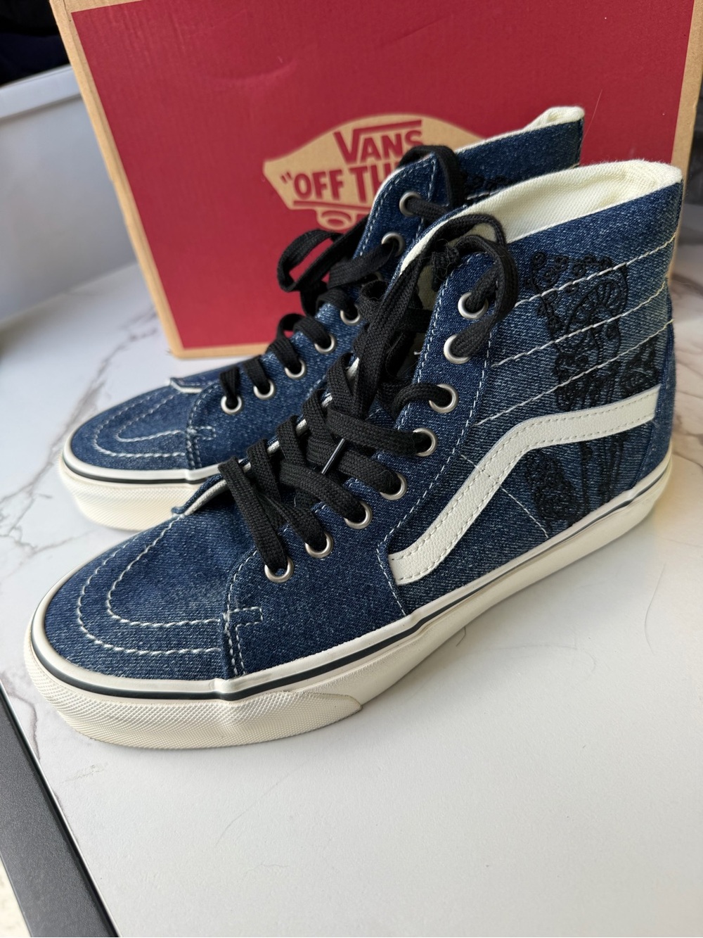 NIB Vans Sk8-Hi navy blue black Denim High Top Sneakers Detail sz 9.5